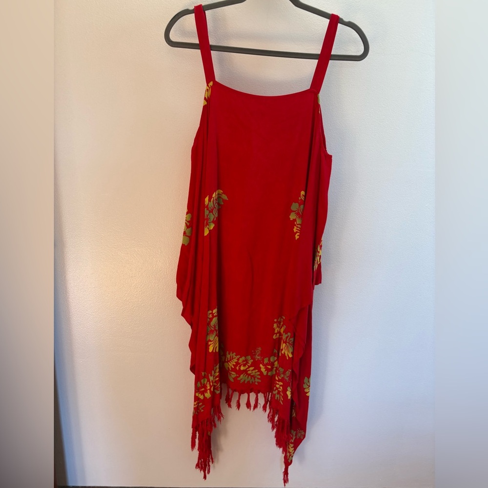 Pineapple Moon Red Floral Bhatik Cold-Shoulder Hawaiian Midi Dress OS